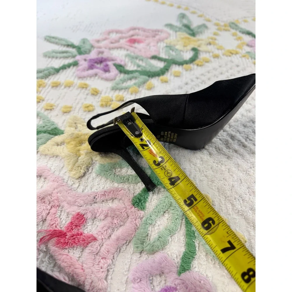 Spiegel Black Satin Peep Toe Slingback Stiletto Heels Leather Sole 7.5B F8065